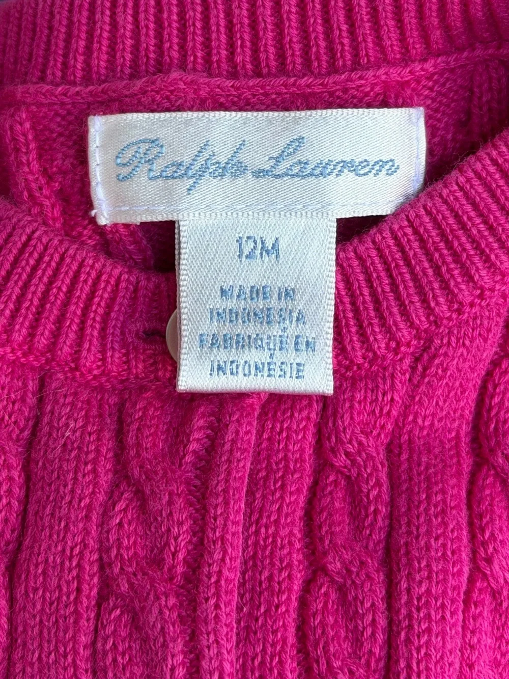 Ralph Lauren Baby Girls 12M Pink Cable Knit Cardigan Cotton Pony Sweater Preppy
